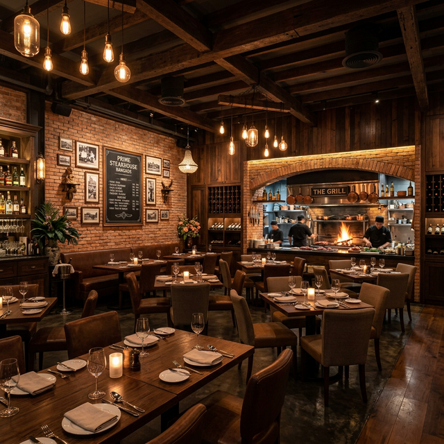Inside TinGrill restaurant — warm lighting, rustic decor, open grill kitchen